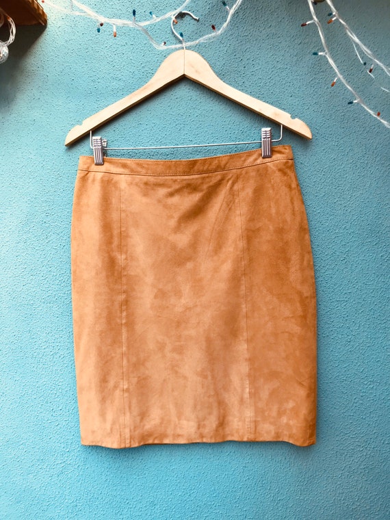 Vintage 1990s Tan Suede A-Line Mini Skirt / High … - image 5
