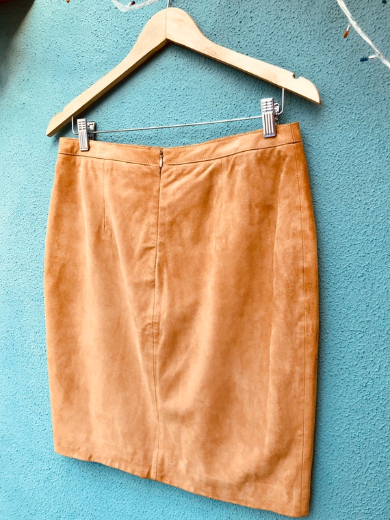 Vintage 1990s Tan Suede A-Line Mini Skirt / High … - image 6