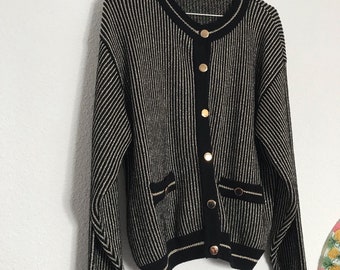 Vintage 80’s women cardigan / Black and gold / striped / U.K. 8- 10 / EU 36-38 / secretary /