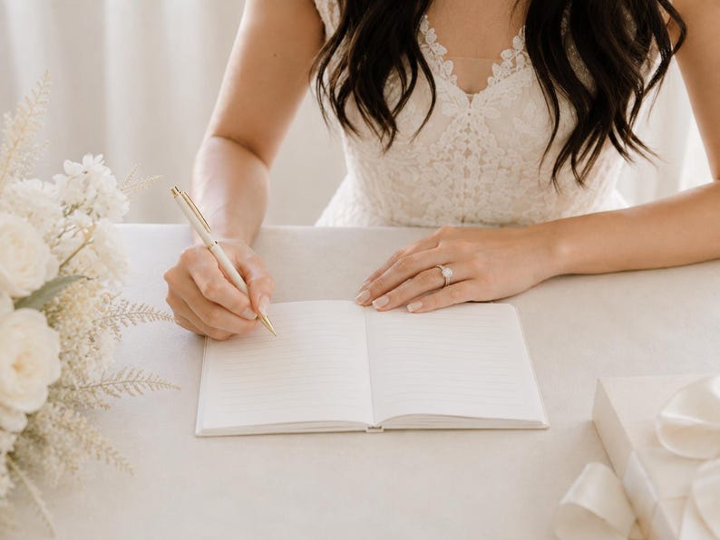 May include: An open, lined notebook with white pages resting on a flat surface. A gold-toned pen is held in position to write on the paper. The notebook is positioned near a bouquet of white flowers and a gift box with a white ribbon.