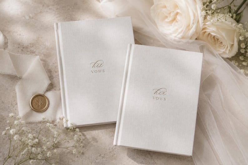 May include: Two white hardcover vow books with textured fabric covers. One book features the text his vows in elegant script, while the other features the text her vows in the same script. Both books are rectangular with a clean, simple design.