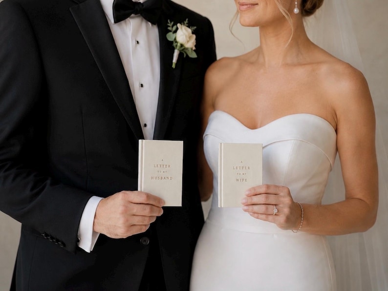 May include: Two small, off-white hardcover books with gold foil lettering. One book reads A LETTER TO MY HUSBAND, and the other reads A LETTER TO MY WIFE. The books are held in front of a black tuxedo jacket and a white strapless wedding dress.