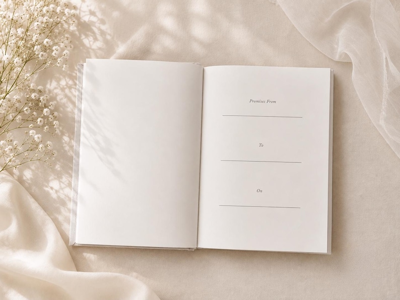 May include: An open book with blank white pages. The right page features printed text in a serif font with the headings Promises From, To, and On, each followed by a horizontal line for writing. The paper is smooth and matte in texture.