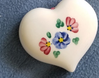 Vintage Ceramic Heart Wall Hanging with Blue and Pink Flowers and Green Leaves