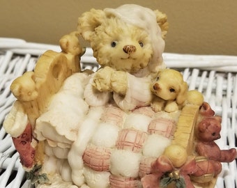 Teddy & Me Figurine From 1993 - Teddy Bear Saying Prayers Kneeling By His Bed With His Puppy