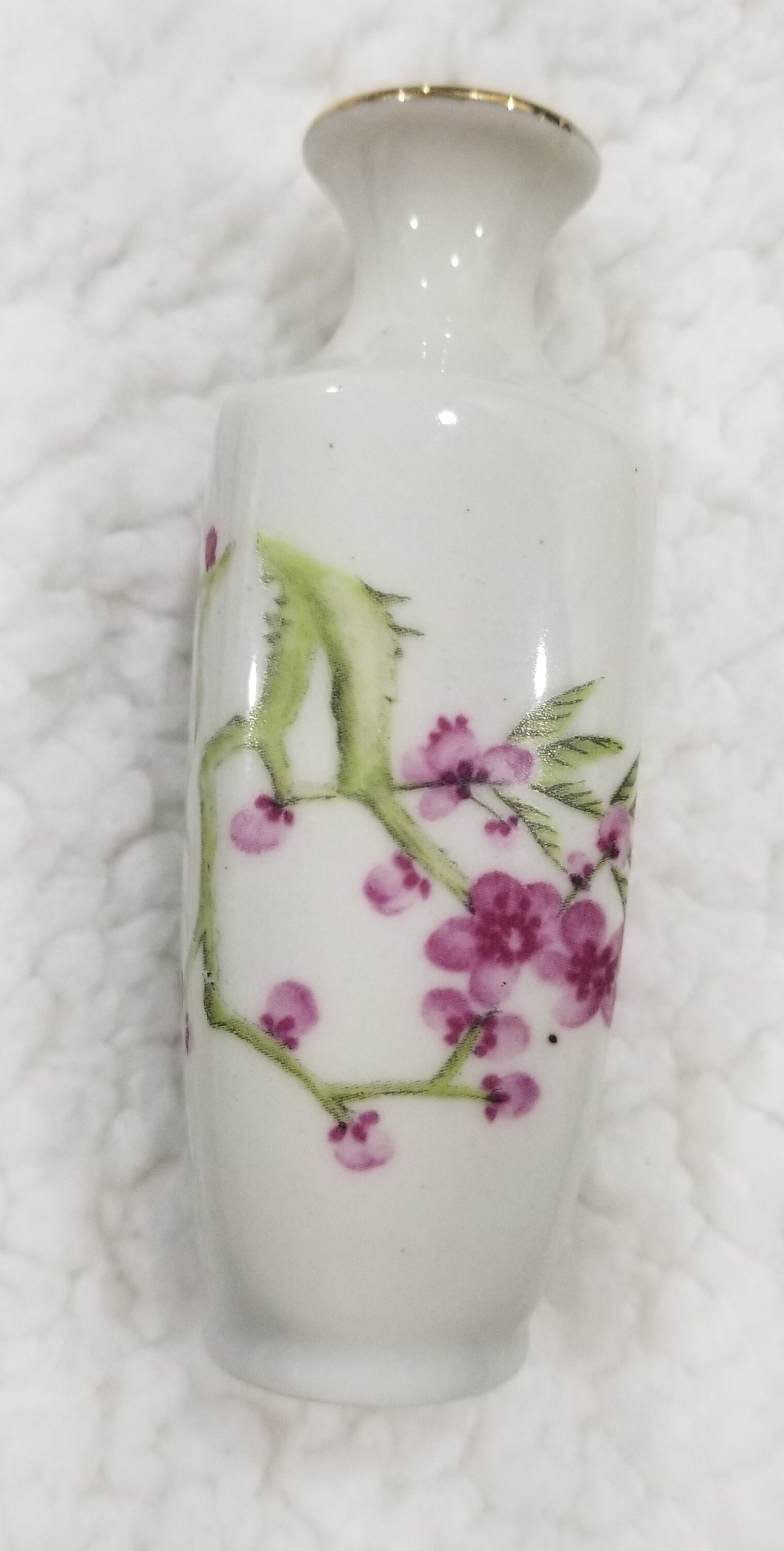 Vintage Miniature White China Square Vase with Asian Orchid Motif and Gold Trimmed Rim