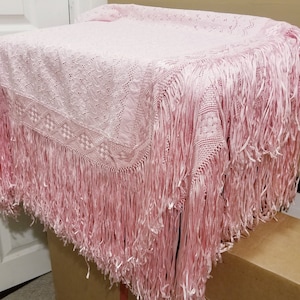 Elegant European Hand Embroidered Pink Silk Brocade Piano Shawl with Fringe