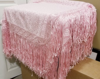 Elegant European Hand Embroidered Pink Silk Brocade Piano Shawl with Fringe