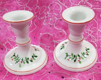 Set of 2 Vintage Made in Japan White Ceramic Candleholders with Holly Leaves & Berries