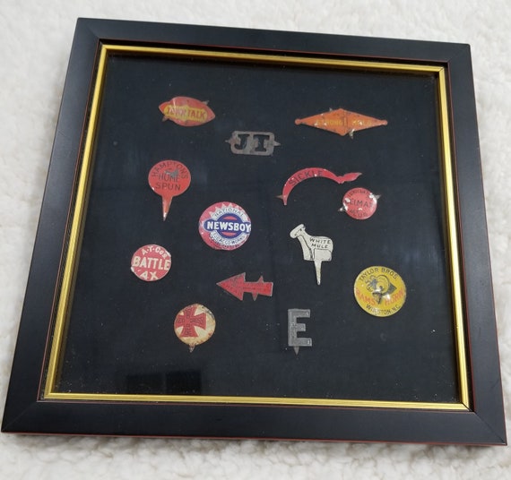 tobacco tin tags 13 Framed 1900's Tin Tobacco Tags Advertising Collection
