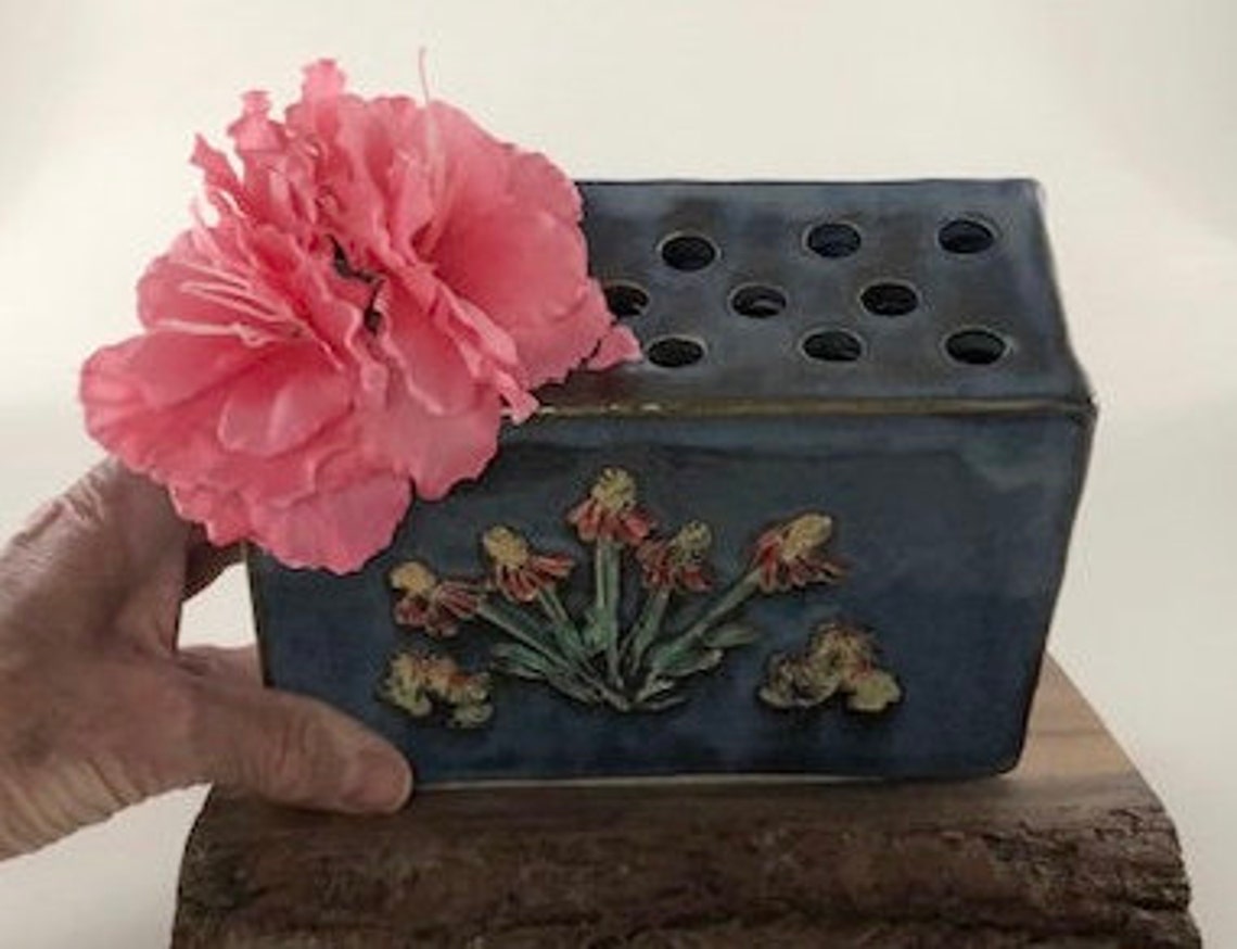 Ceramic Flower Brick hand built stamped and painted. Etsy