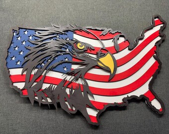 Layered Wood United States Map, Flag and Eagle, Patriotic Wall Art