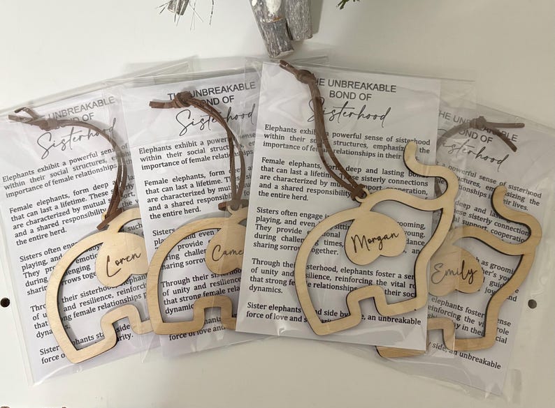 Op de afbeelding: Houten boekenleggers in de vorm van een olifant met gegraveerde namen, elk bevestigd aan een bruin koord. De boekenleggers zijn verpakt in transparant plastic met tekst over zusterschap. De namen zijn Lauren, Came, Morgan en Emily.