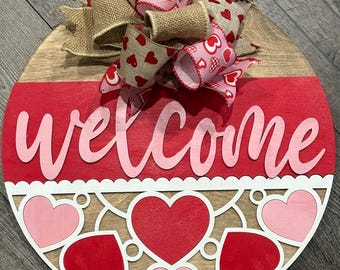 Valentine's Day Welcome Door Hanger | 3D Wood Sign with Bow