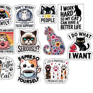 11pcs Cute Cat Stickers Pack, Cute Cat Lover Gift, Cat Mom Sticker, Cat Enthusiast Stickers, Cat Stickers for Kindle, Laptop, Tumbler