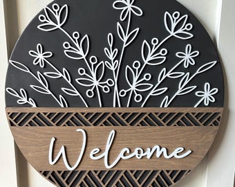 Wooden Welcome Door Sign, Welcome Sign, Engagement Gift, Housewarming Gift, Personalized Sign, Last Name Sign, Floral Door Welcome, Wedding,