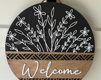 Wooden Welcome Door Sign, Welcome Sign, Engagement Gift, Housewarming Gift, Personalized Sign, Last Name Sign, Floral Door Welcome, Wedding