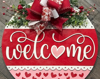 Valentine's Day Welcome Door Hanger – Romantic Heart Welcome Sign with Bow -Multiple Sizes Available