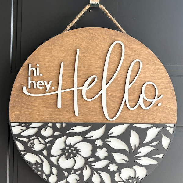 Hi Hey Hello Welcome Sign – Round Wooden Door Hanger – Seasonal Porch Decor – Custom Colors – Front Door Sign - Housewarming Gift