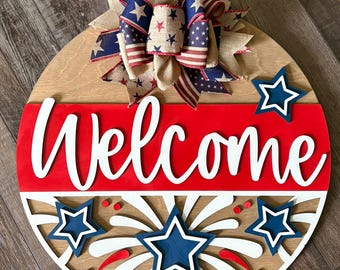 Front Door Decor, Patriotic Door Wreath, Americana Welcome Door Hanger, Welcome Sign, Door Sign, Summer Home Decor, 3D Letters, Porch Decor