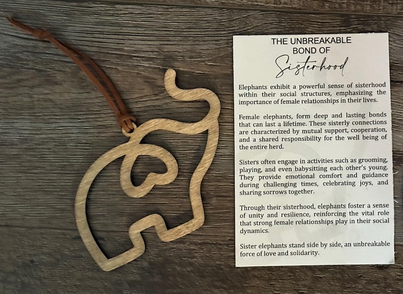 Op de afbeelding: Houten olifantenornament met een bruin leren bandje, naast een kaart met de tekst "THE UNBREAKABLE BOND OF Sisterhood". Het ornament is lichtbruin en heeft een uitgesneden ontwerp. De kaart beschrijft vrouwelijke relaties.