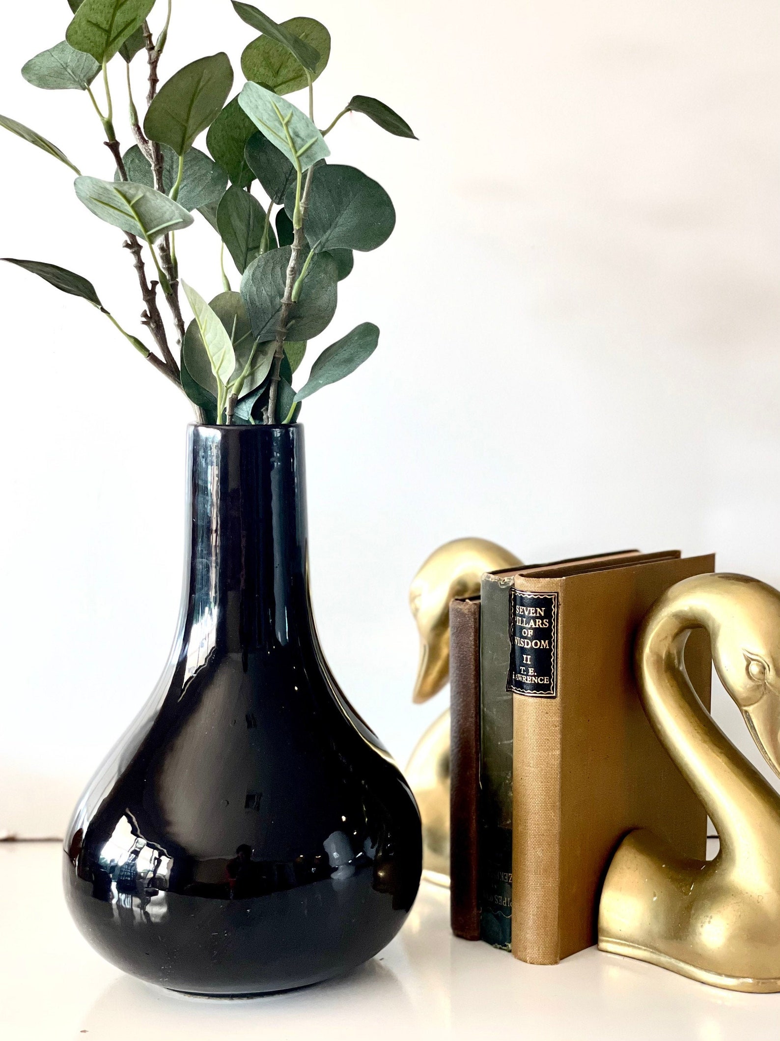 Vintage black glossy ceramic vase w/ round belly and long neck Etsy