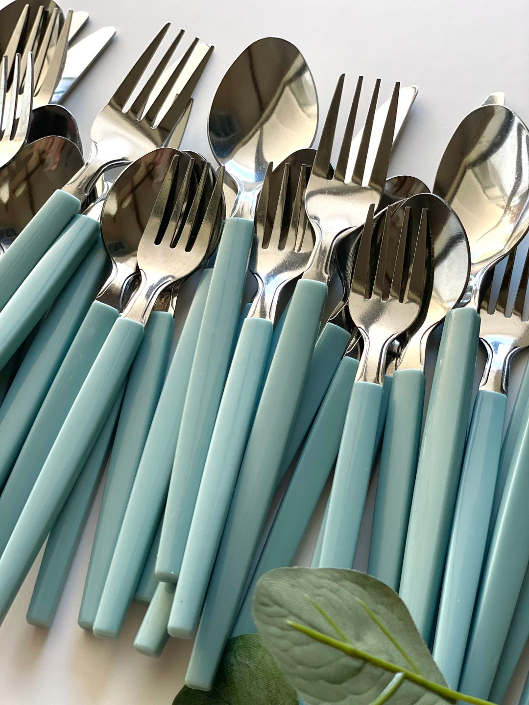 MCM Atomic Flatware Set, Aqua Handle RV Camping Silverware Set 48 Pcs