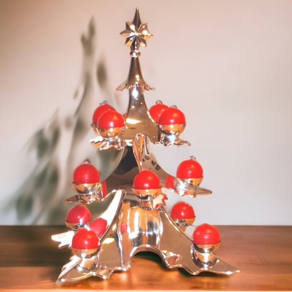 Chrome Christmas Tree candelabra, 14” silver Christmas tree Candleholder by Pottery Barn, centerpiece, Xmas mantle decor, holiday lighting