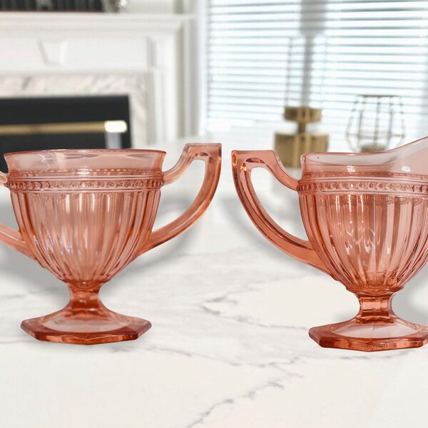 Vintage Pink Depression Glass cream and sugar set, pedestal Cream and Sugar Caddy’s 1900 pink depression glass set