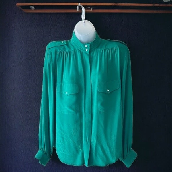 Vintage 80s Silk emerald green Long Sleeve Blouse by Liz Claiborne Button Down, shoulder pad front pocket Blouse, 1980's Blouse