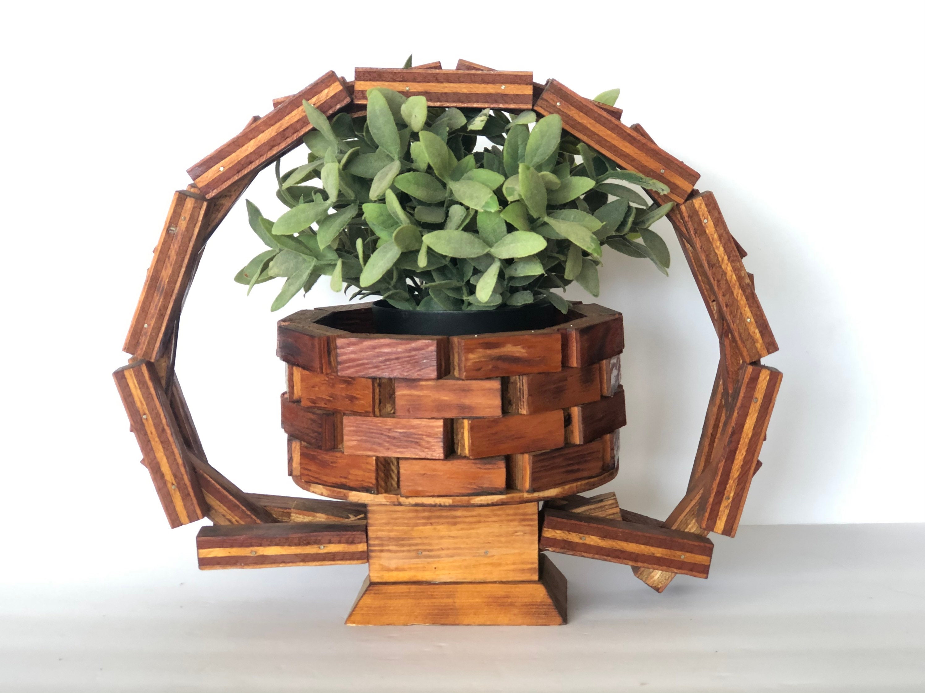 Mid Century Wood Geometric Basket planter Wooden hanging Etsy