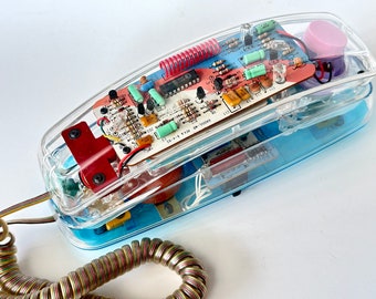 Vintage Clear Transparent 80’s Phone Babysitters Club Light Up Unisonic Phone w/Turquoise Blue Bottom | Model 6900 ZX Postmodern WORKS GREAT