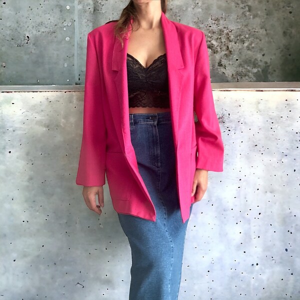 Vintage OVERSIZED pink Blazer, 80s rayon fuchsia Blazer light Jacket By JBJ sportswear, Size Large Barbiecore