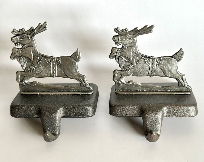 Vintage Cast Iron Reindeer Stocking Holders, Pair of Reindeer Christmas