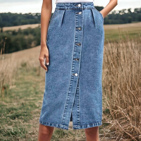 Vintage 1990s Long Denim Button Down Skirt- Size Med