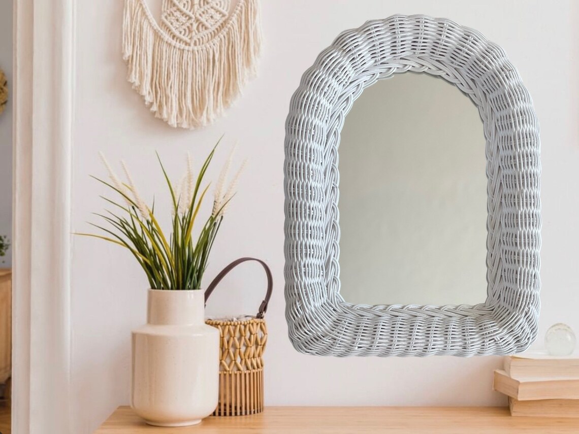 White Wicker Wall Mirror small boho Vanity mirror coastal Etsy