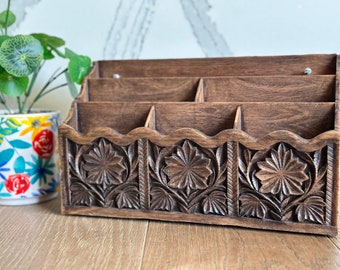 Lerner Syroco Desk Letter Mail Holder Organizer Brown 1970s /hanging Carved Faux Wood mail organizer