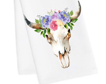 Cow Skull Tea Towel, Cow Skull Flower Hand Towel, Cow Skull Dish Towel, Cow Skull Dish Towel, Cow Skull Bath Towel, Ranch Tea Towel