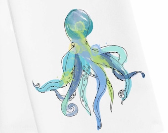 Watercolor Octopus Tea Towel, Octopus Hand Towel, Octopus Dish Towel, Ocotpus Housewarming, Octopus Bathroom Towel, Beach Housewarming Tea