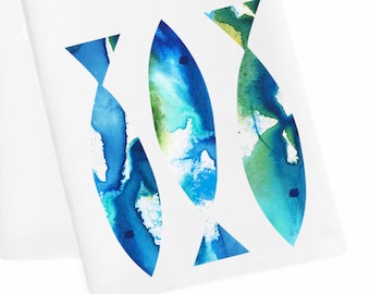 Watercolor Fish Tea Towel, Fish Hand Towel, Fish Dish Towel, Fish Bathroom Hand Towel, Beach Housewarming Tea Towel, Coastal Tea Towel