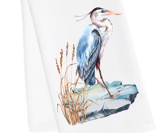 Watercolor Heron Tea Towel, Heron Hand Towel, Blue Heron Dish Towel, Heron Hostess Gift, Heron Kitchen Towel, Heron Beach House, Heron Art