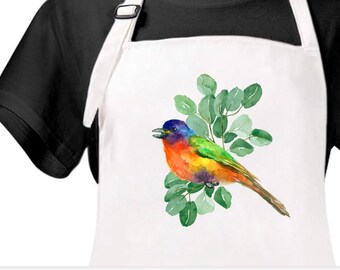 Watercolor Painted Bunting Cotton Apron, Kitchen Chef Apron, Bird Apron, Apron with pockets, Painted Bunting, Apron Hostess Gift, Bunting
