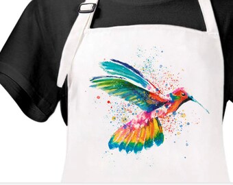 Watercolor hummingbird Apron, humming bird Apron, Bird Apron, hummer apron with pockets, Hummingbird towel, Hummer gift, hummer hostess