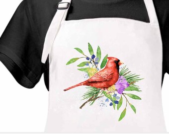 Watercolor Cardinal Cotton Apron, Cardinal Kitchen Chef Apron, Bird Apron, Apron with pockets, Cardinal Gift, Cardinal Hostess Gift