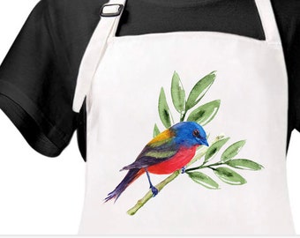 Watercolor Painted Bunting Cotton Apron, Kitchen Chef Apron, Bird Apron, Apron with pockets, Painted Bunting, Apron Hostess Gift, Bunting