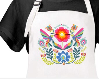 Hummingbird folk art Apron, folk art bird Kitchen Chef Apron, bird kitchen apron, gardener gift, hostess gift flower apron, hummer towel