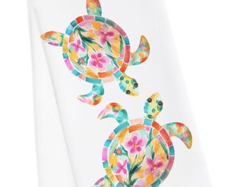 Watercolor Floral Tea Towel, Coastal Beach House Kitchen Decor, Crab Kitchen Towel, Modern Coastal, Beach Housewarming Towel
