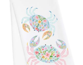 Crab Flower Tea Towel, Crab Hand Towel, Crab Kitchen Towel, Coastal, Modern Coastal, Beach Housewarming Towel, Beach Dish Towel