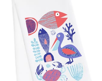 Fish Tea Towel, Pelican Hand Towel, Fish Kitchen Towel, Modern Fish Towel, Modern Beach House, Beach Housewarming Towel, Beach Dish Towel