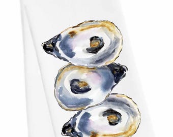 Oyster Shell Tea Towel, Watercolor Design, Coastal Kitchen Decor